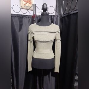 Zara Women's Knit Swester Ribbed Fitted Tie Up Olive Green Size Small Preppy